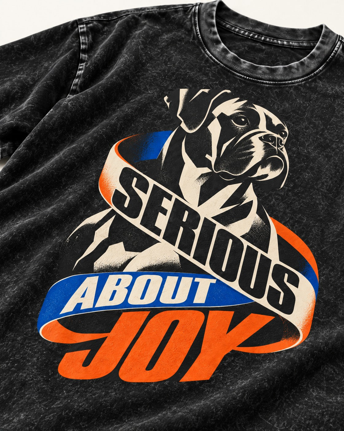 Boxer Serious About Joy Washed Tee in Black, close-up of the graphic
