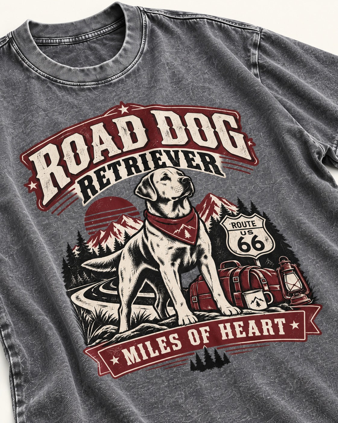 Labrador Retriever Road Dog Miles of Heart Route 66 Graphic Washed Tee in Gray, close-up of the graphic