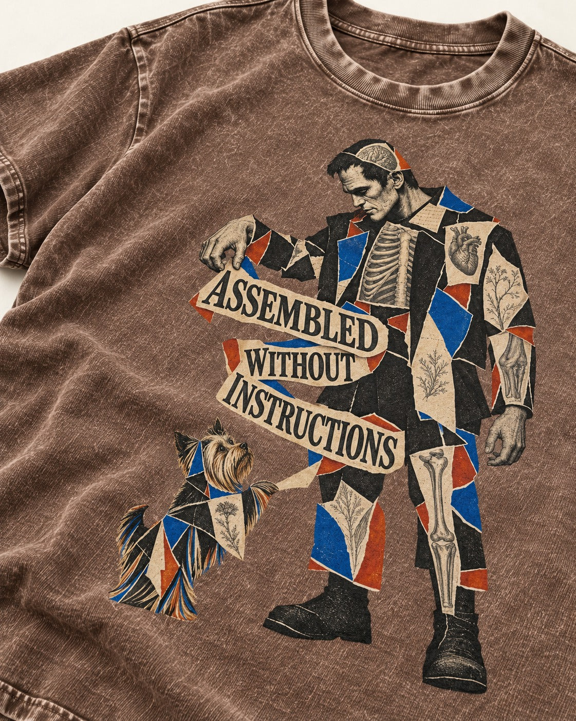 Yorkshire Terrier Assembled Without Instructions Washed Tee in Coffee, close-up of the graphic