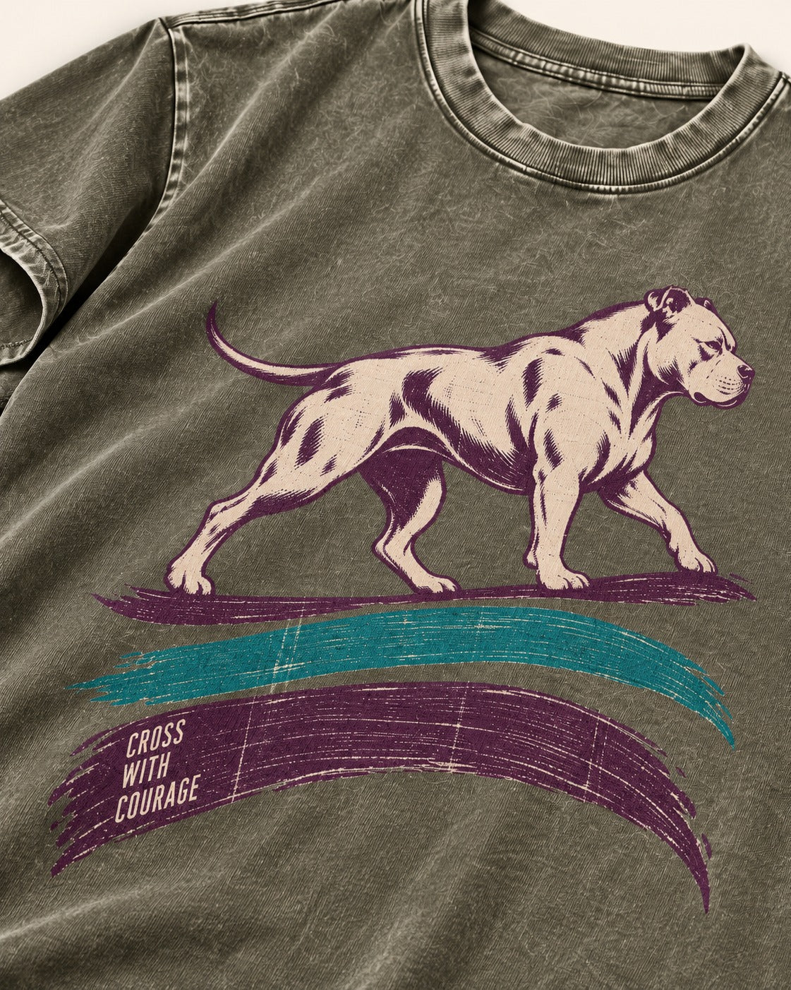 Pitbull Cross with Courage Brushstroke Graphic Washed Tee in Army Green, close-up of the graphic