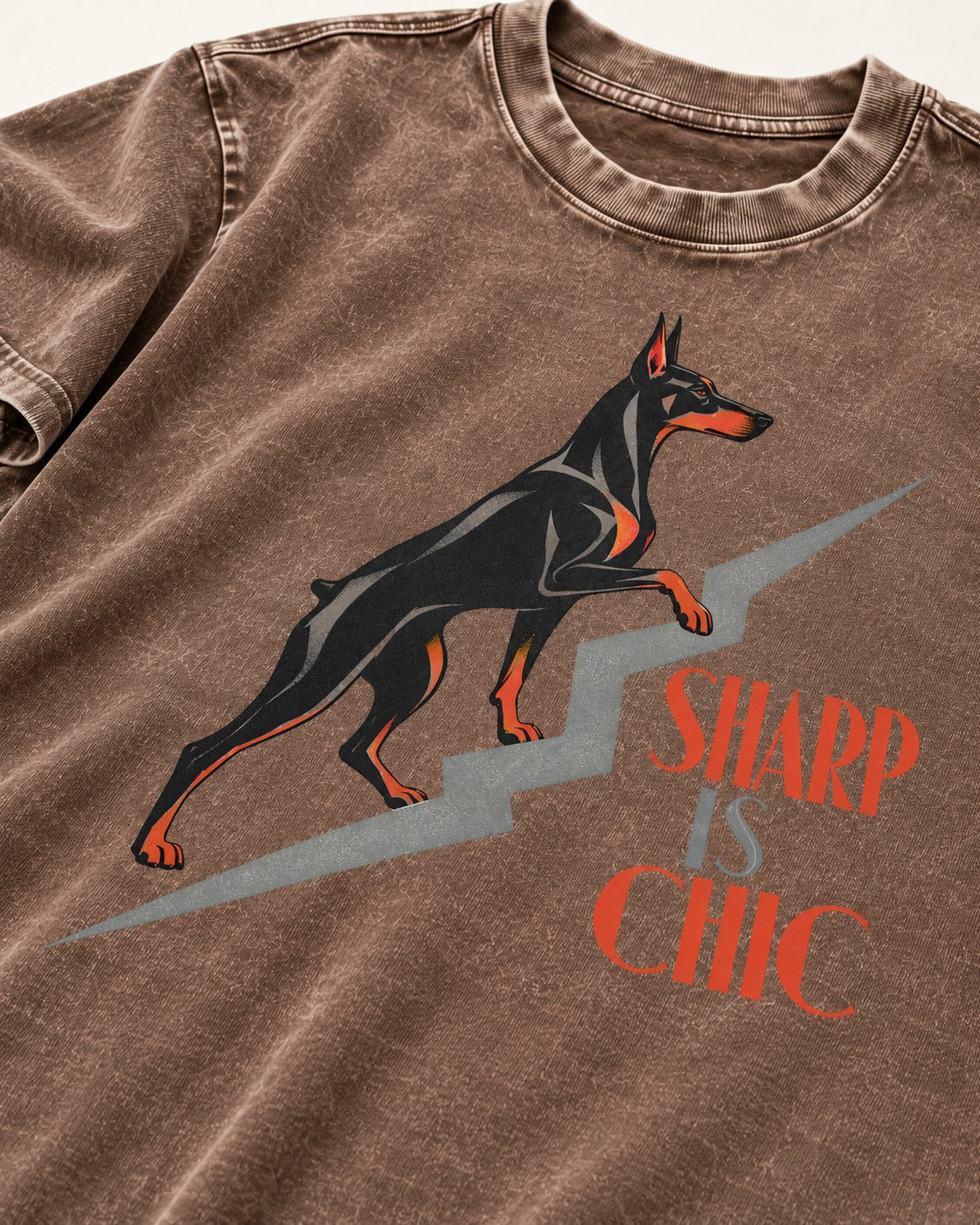 Doberman Is Chic Washed Tee in Coffee, close-up of the graphic