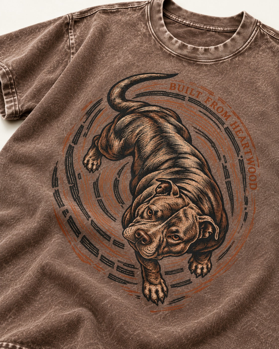 Pitbull Built From Heartwood Washed Tee in Coffee, close-up of the graphic