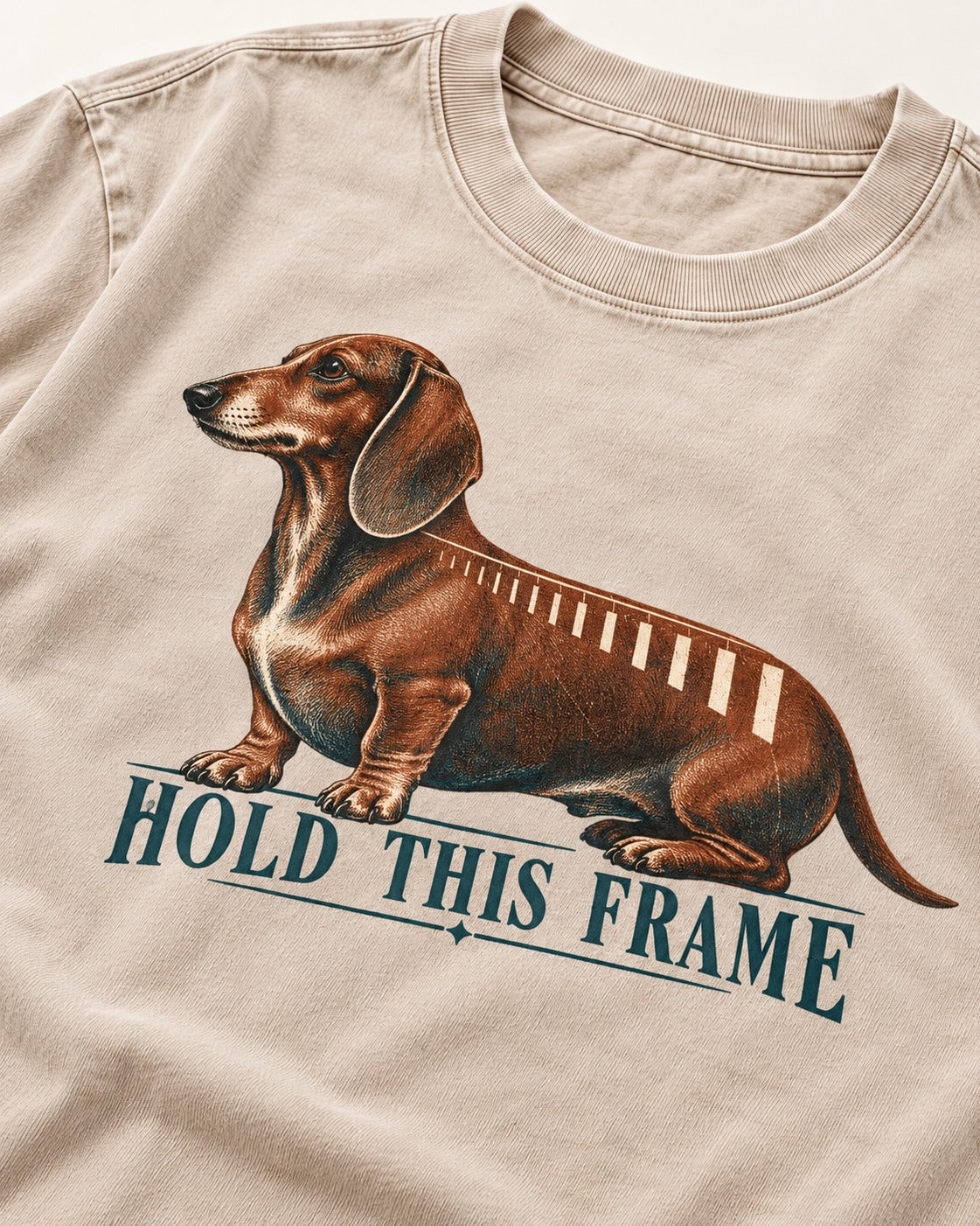 Dachshund Hold This Frame Washed Tee in Apricot, close-up of the graphic