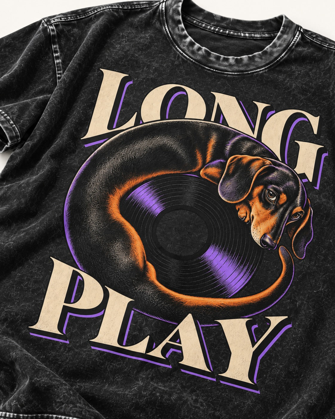 Dachshund Long Play Vinyl Record Graphic Washed Tee in Black, close-up of the graphic