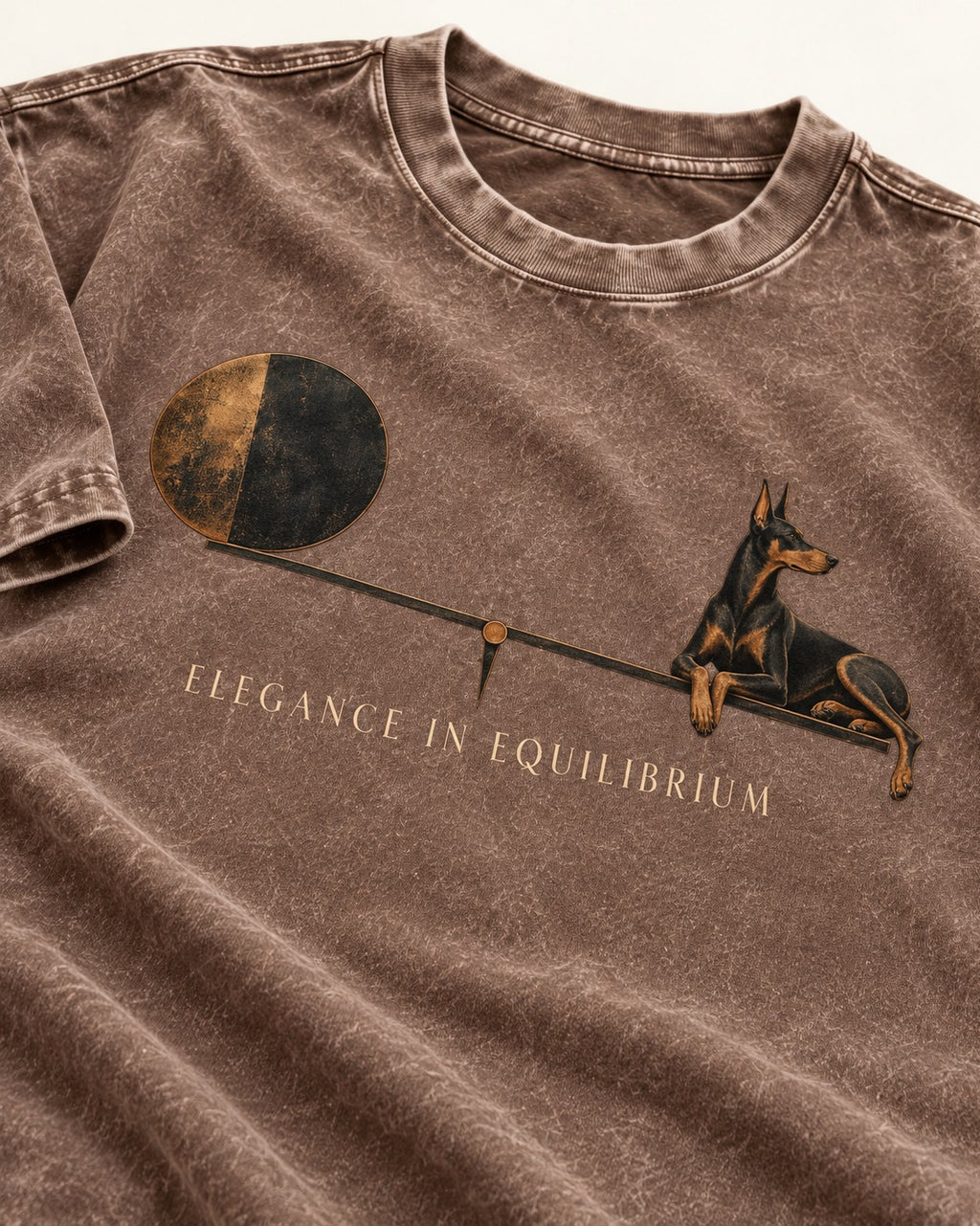 Doberman Elegance in Equilibrium Balance Graphic Washed Tee in Coffee, close-up of the graphic