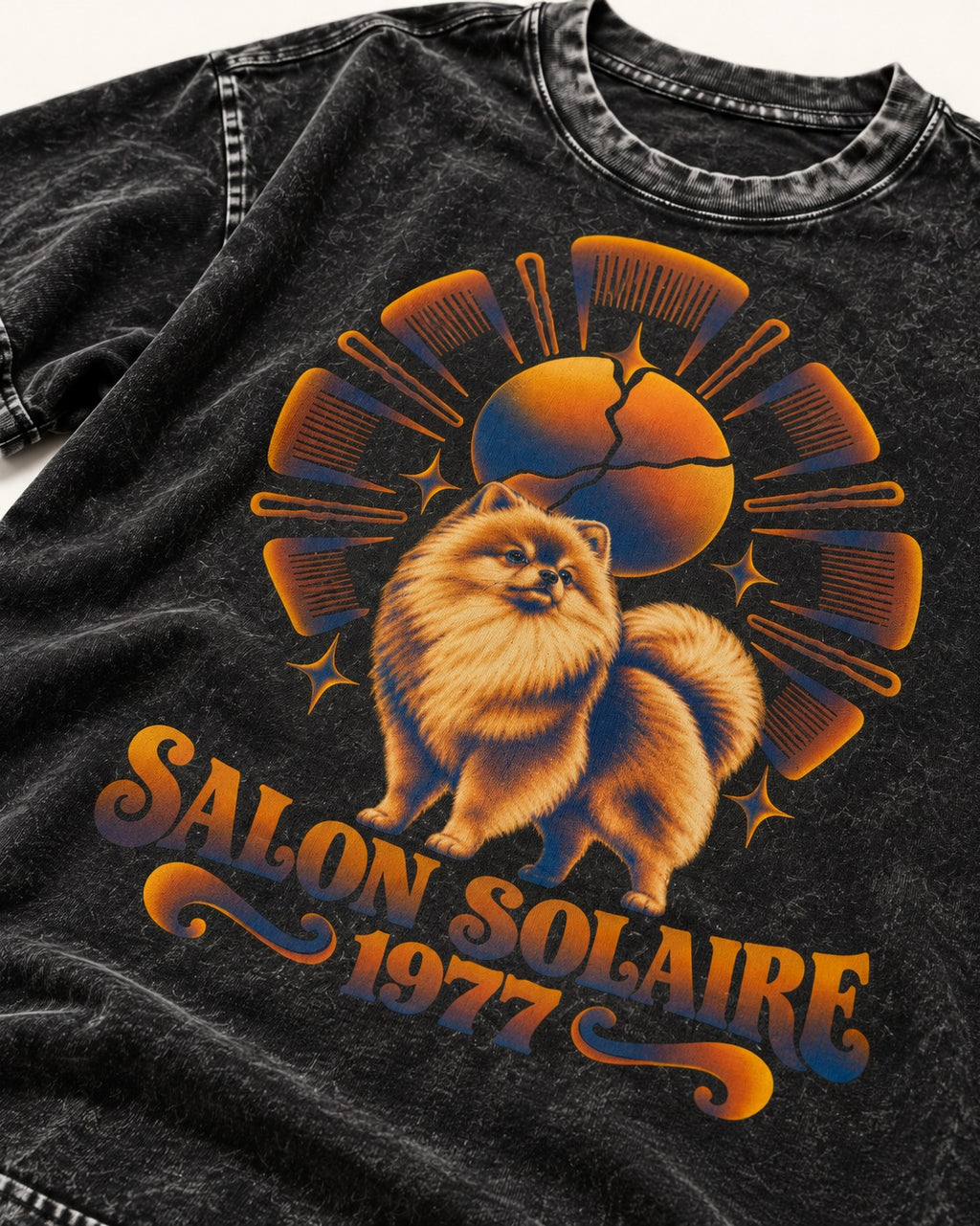 Pomeranian Salon Solaire 1977 Hairbrush Halo Graphic Washed Tee in Black, close-up of the graphic