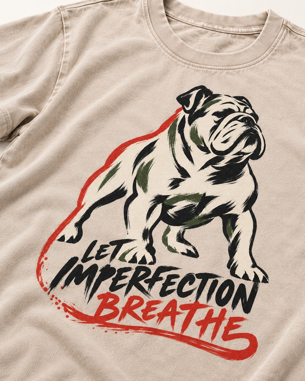 Let Imperfection Breathe English Bulldog Washed Tee in Apricot, close-up of the graphic