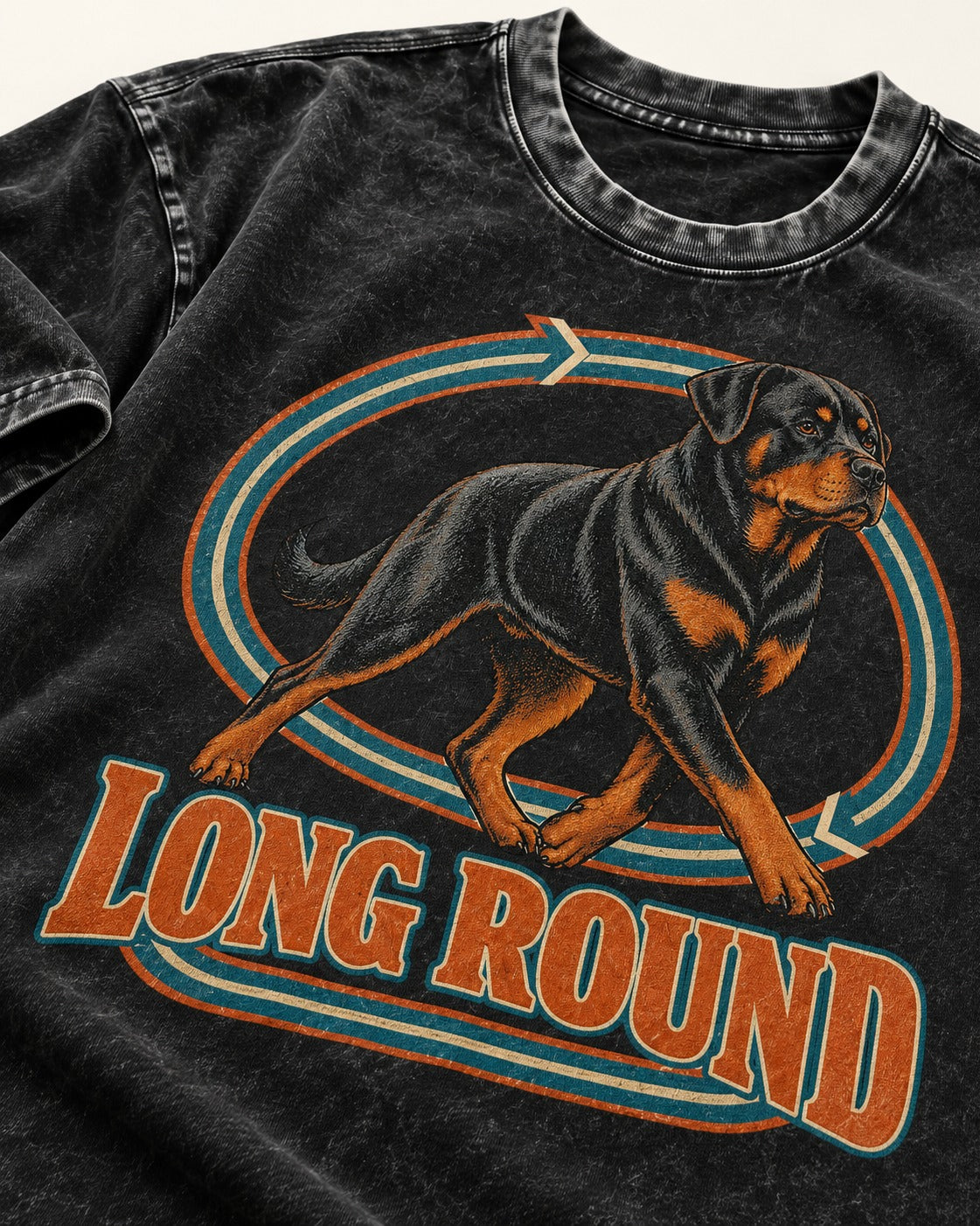 Rottweiler Long Round Circular Track Graphic Washed Tee in Black, close-up of the graphic