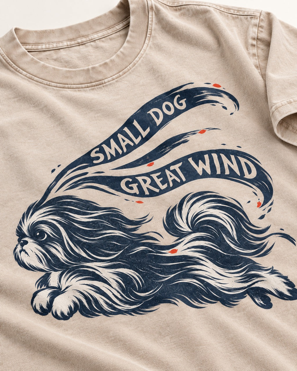 Small Shih Tzu Great Wind Washed Tee in Apricot, close-up of the graphic