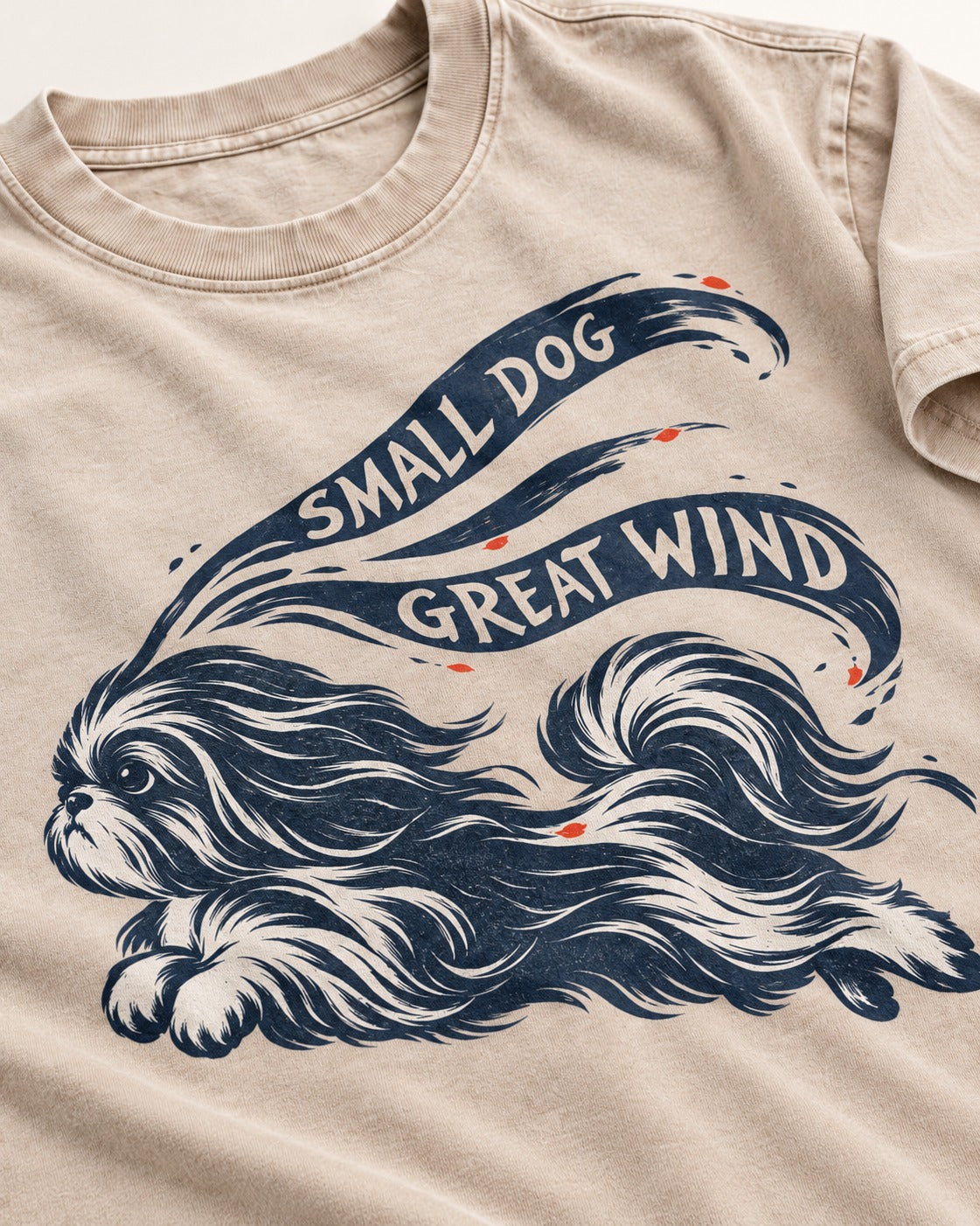 Small Shih Tzu Great Wind Washed Tee in Apricot, close-up of the graphic