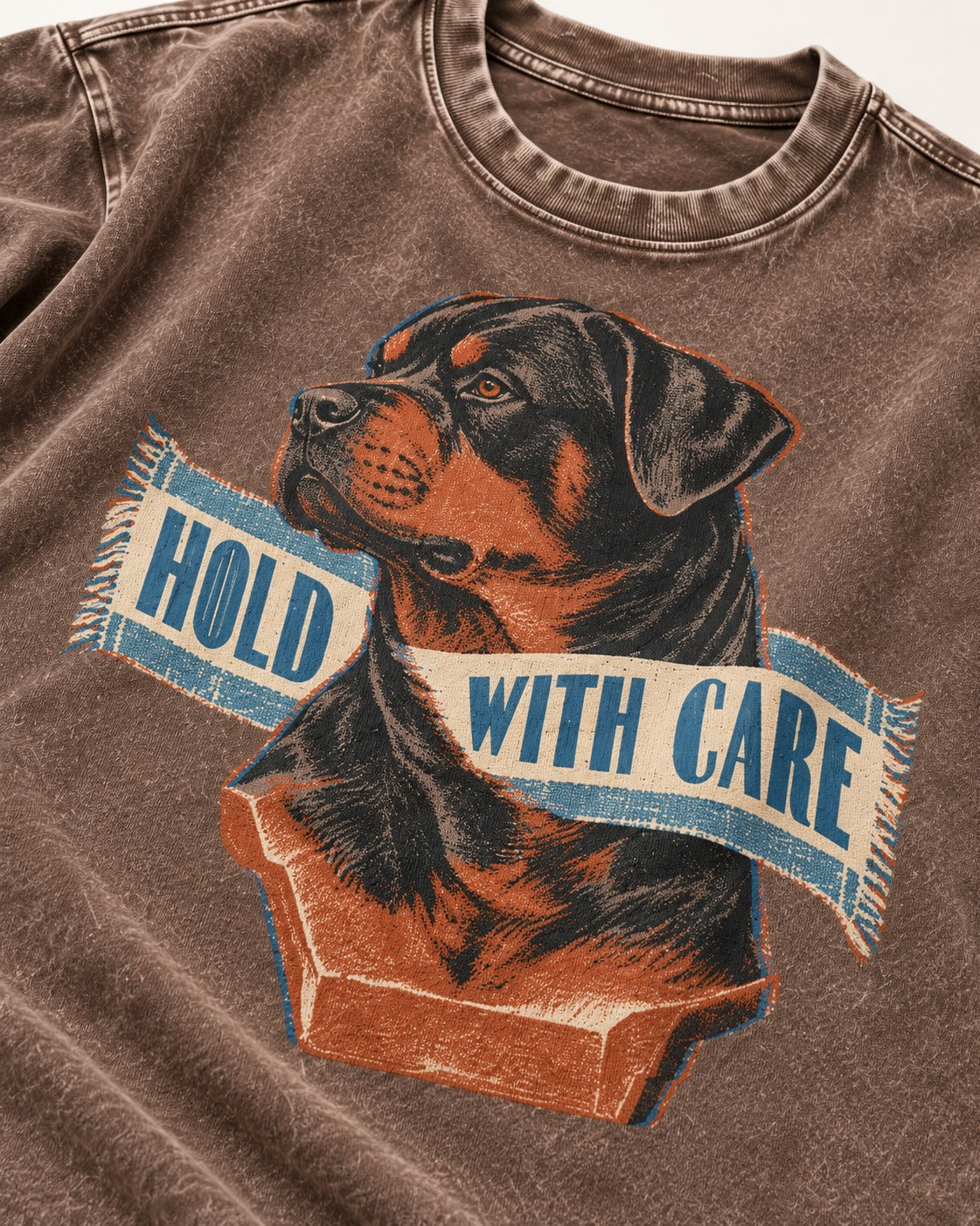 Rottweiler Hold with Care Washed Tee in Coffee, close-up of the graphic