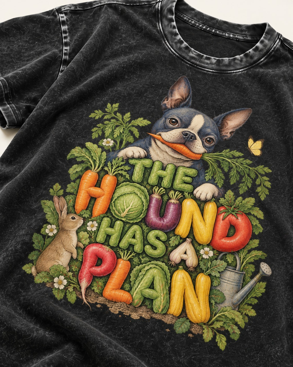 The Hound Has a Plan Boston Terrier Washed Tee in Black, close-up of the graphic