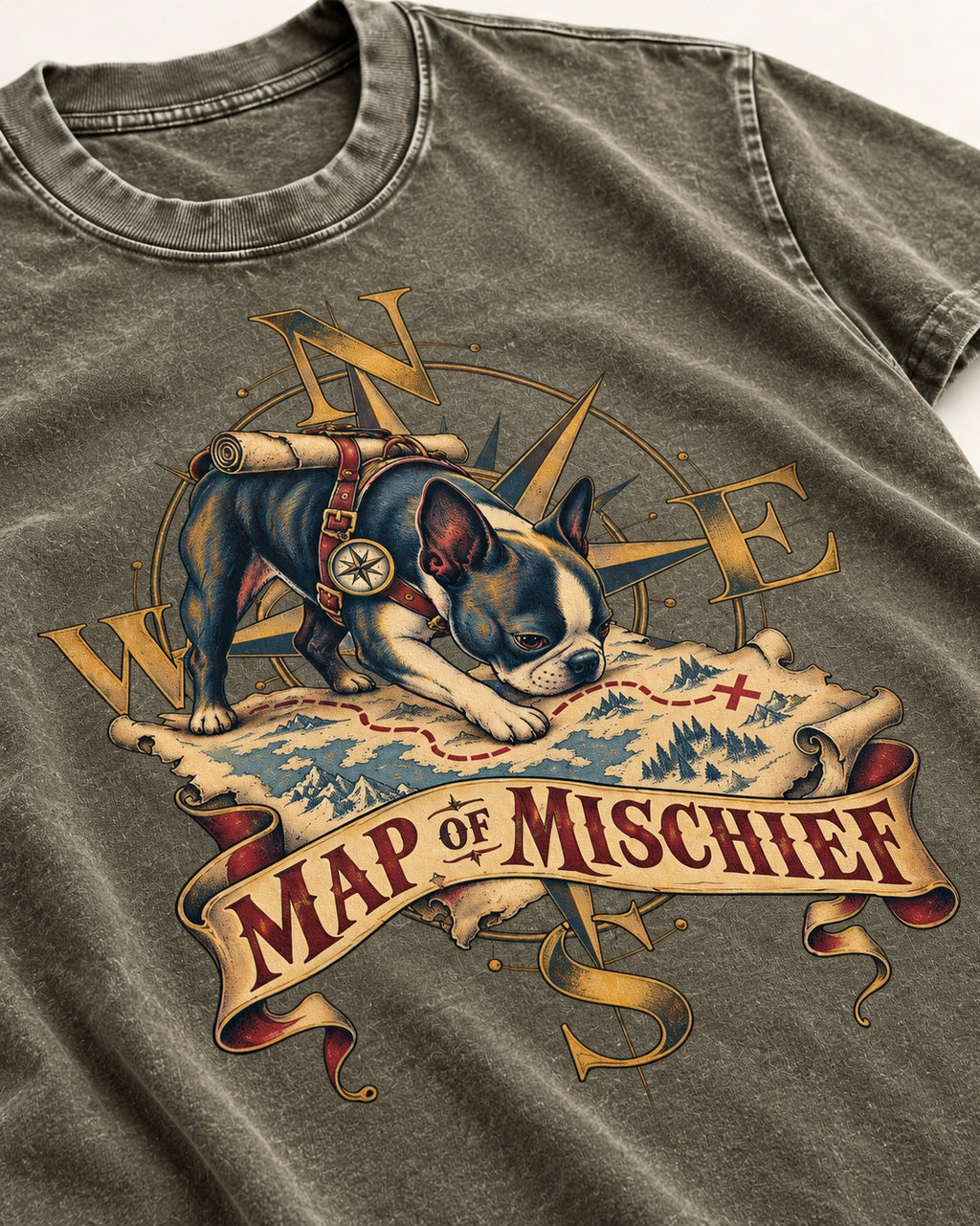 Map of Mischief Boston Terrier Washed Tee in Army Green, close-up of the graphic