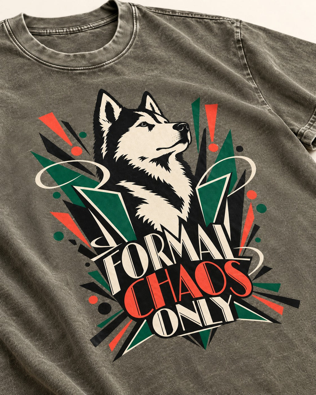 Husky Formal Chaos Only Art Deco Portrait Graphic Washed Tee in Army Green, close-up of the graphic