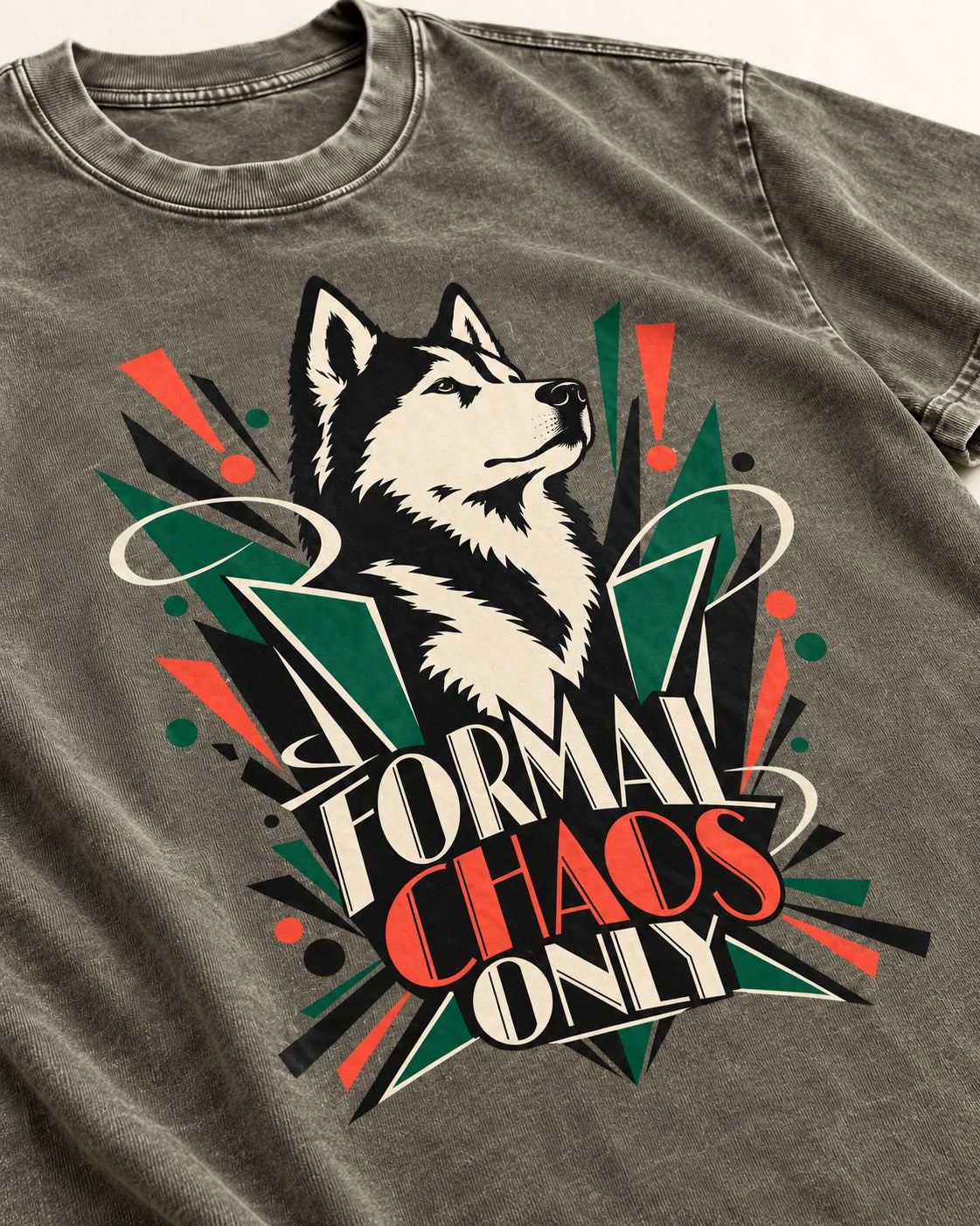 Husky Formal Chaos Only Art Deco Portrait Graphic Washed Tee in Army Green, close-up of the graphic