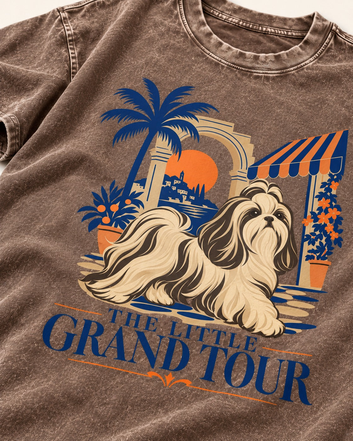 Shih Tzu The Little Grand Tour Mediterranean Courtyard Graphic Washed Tee in Coffee, close-up of the graphic