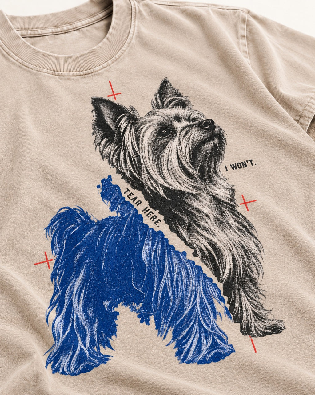 Yorkshire Terrier I Won't Tear Here Washed Tee in Apricot, close-up of the graphic