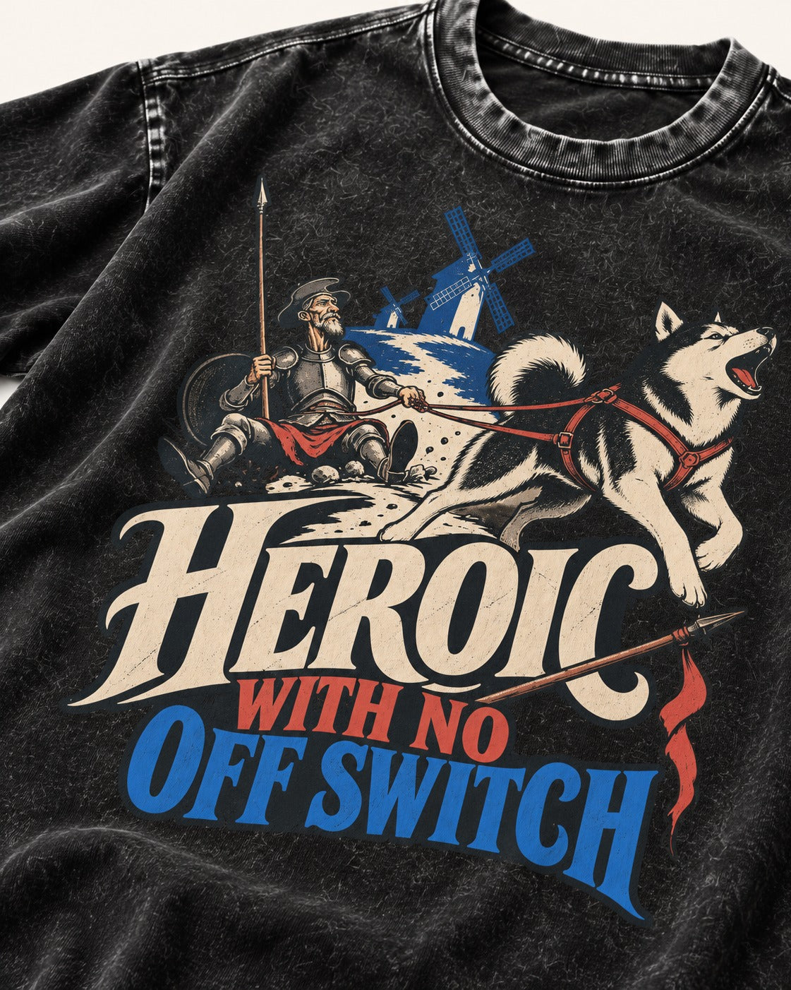 Husky Heroic with No Off Switch Don Quixote Graphic Washed Tee in Black, close-up of the graphic