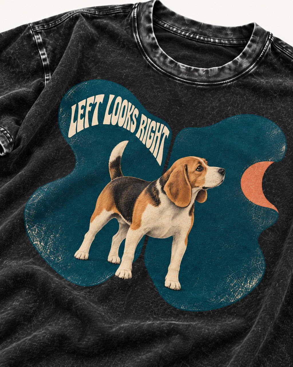 Left Looks Right Beagle Abstract Shapes Washed Tee in Black, close-up of the graphic