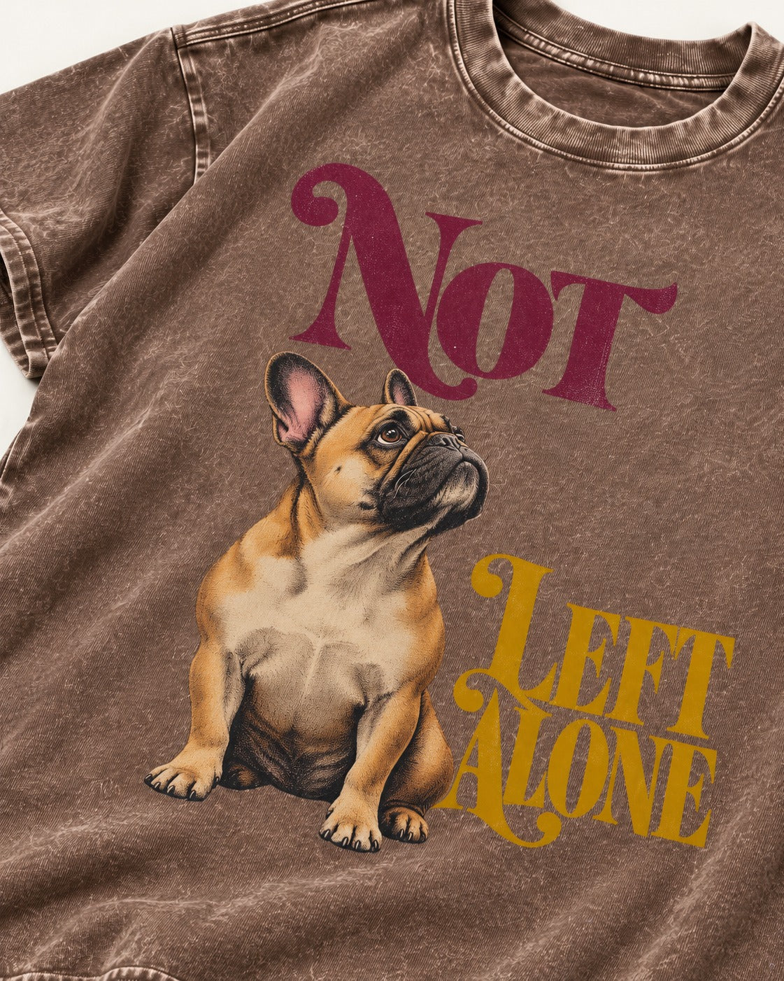 Frenchie Not Left Alone Washed Tee in Coffee, close-up of the graphic