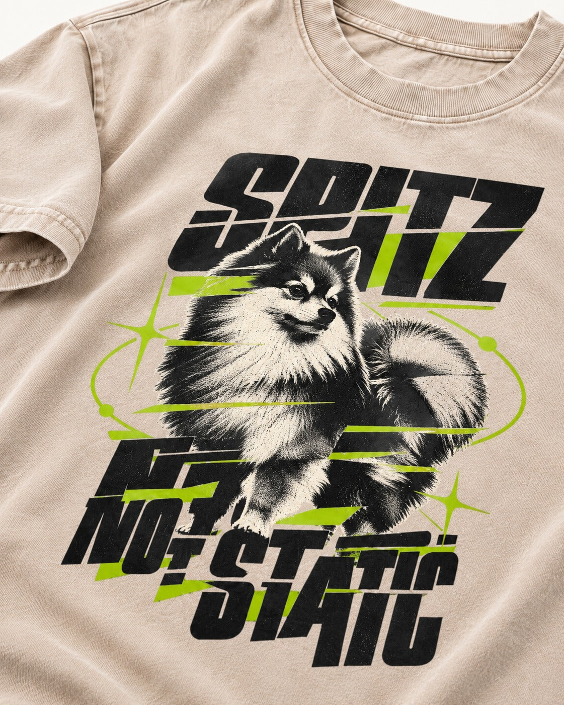 Pomeranian Not Static Washed Tee in Apricot, close-up of the graphic