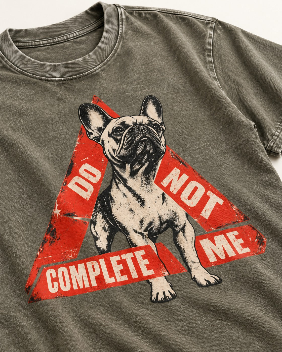 Frenchie Do Not Complete Me Warning Triangle Graphic Washed Tee in Army Green, close-up of the graphic