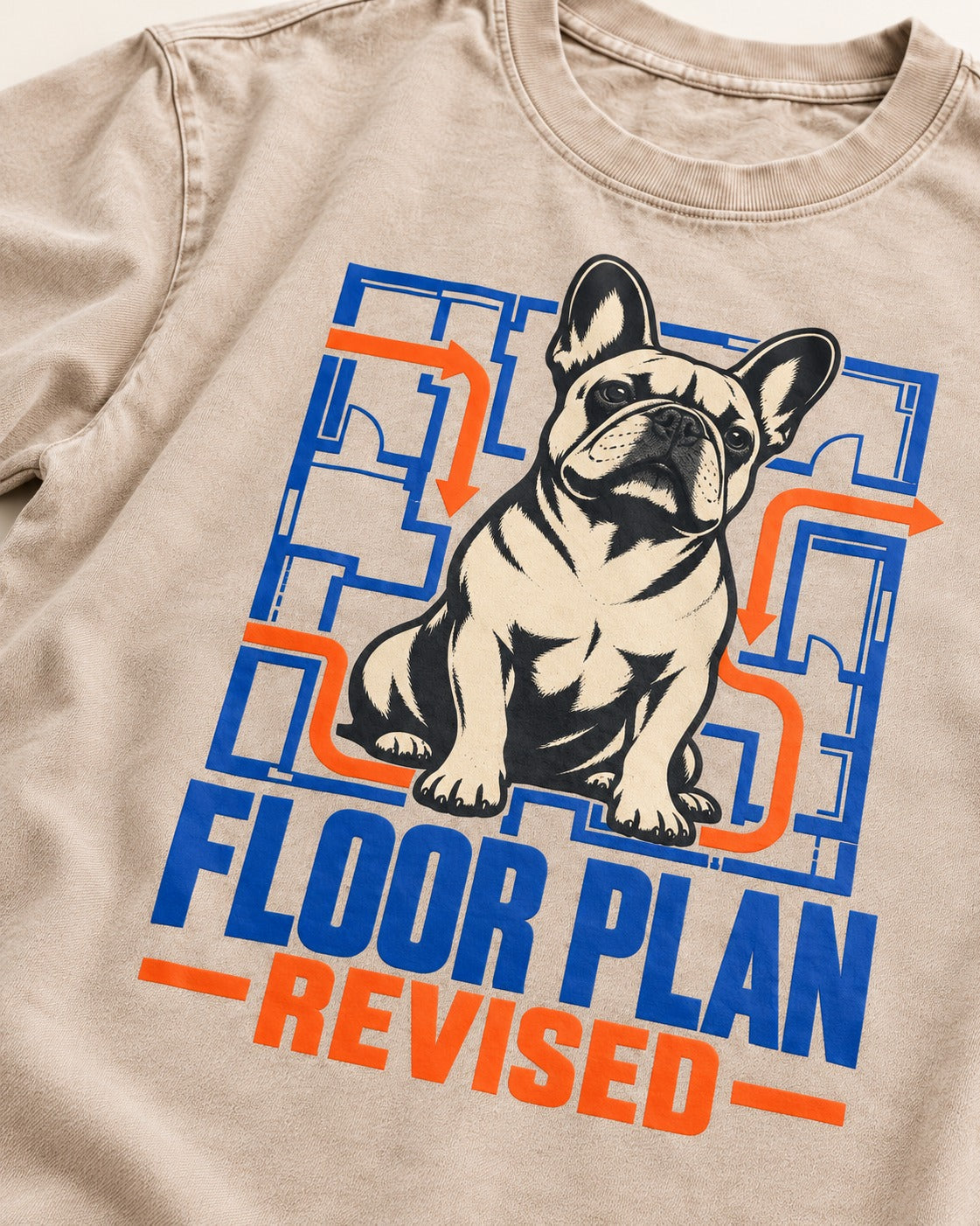 Frenchie Floor Plan Revised Washed Tee in Apricot, close-up of the graphic
