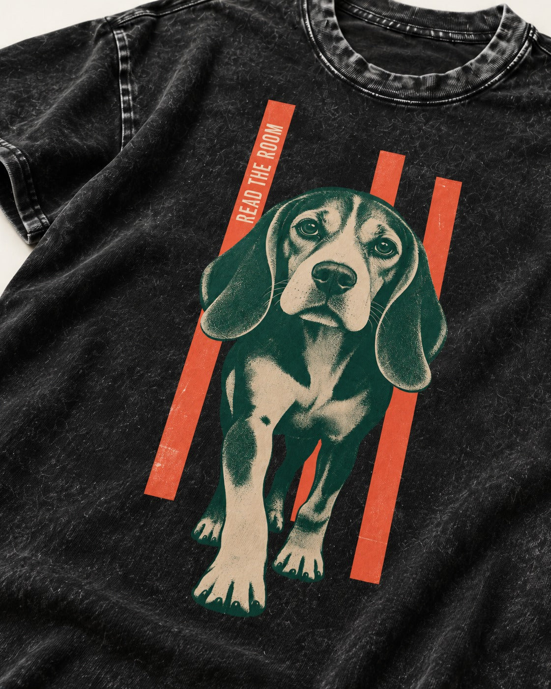 Beagle Before The Move Walking Portrait Washed Tee in Black, close-up of the graphic