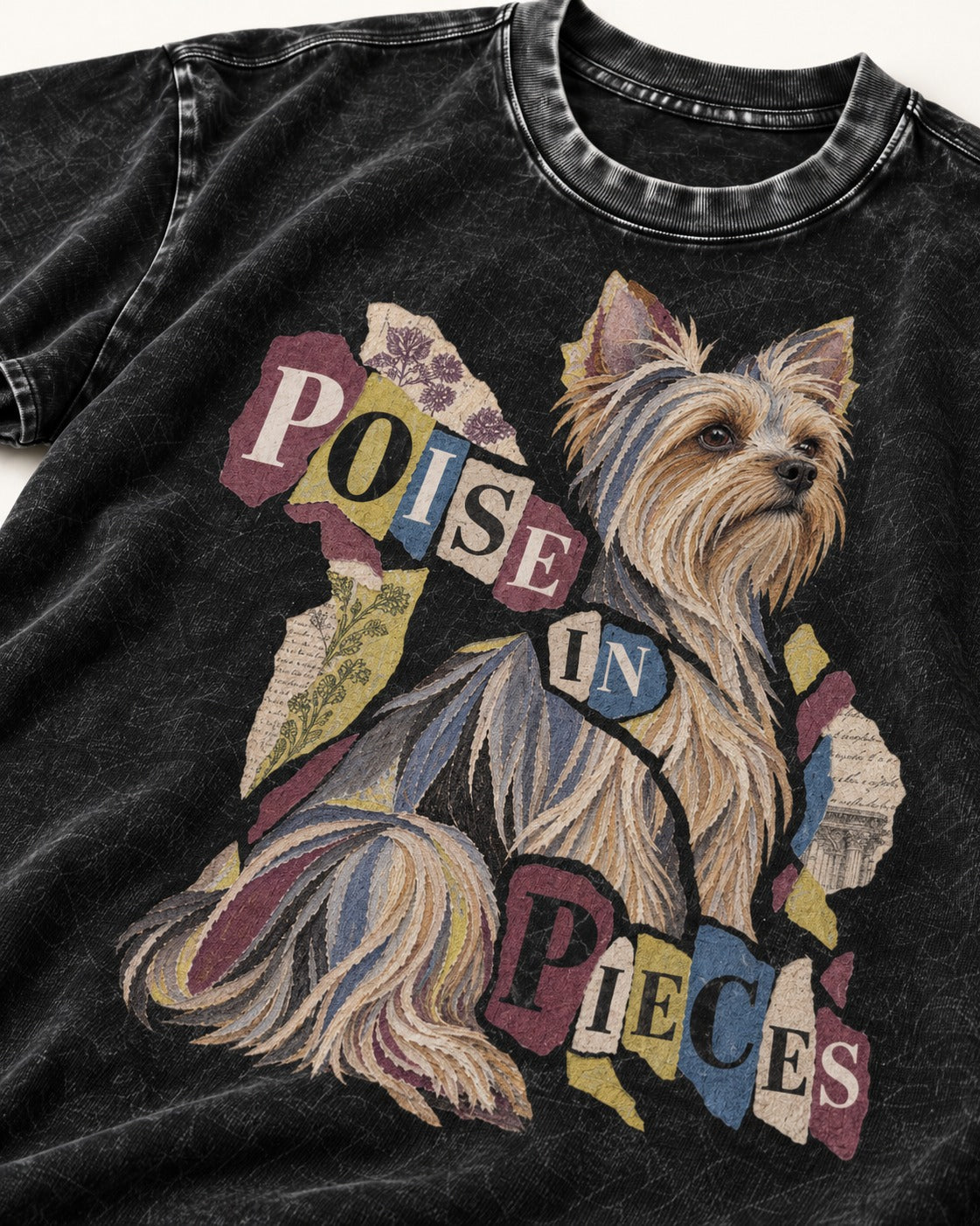 Yorkshire Terrier Poise in Pieces Torn Paper Collage Graphic Washed Tee in Black, close-up of the graphic