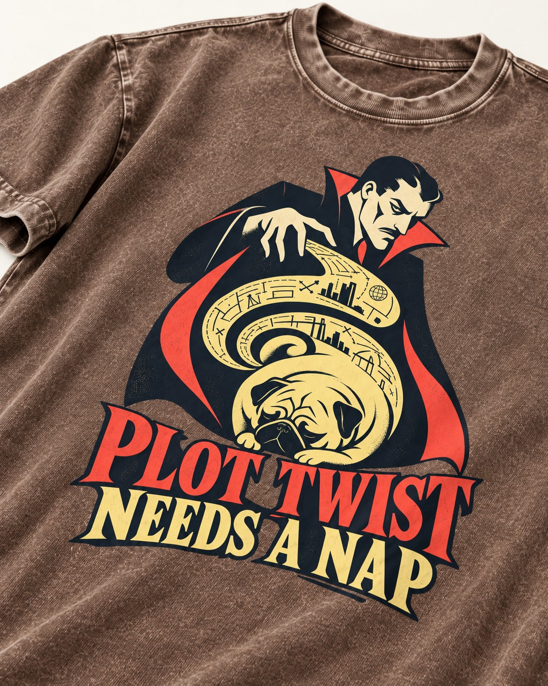 Pug Needs a Nap Washed Tee in Coffee, close-up of the graphic