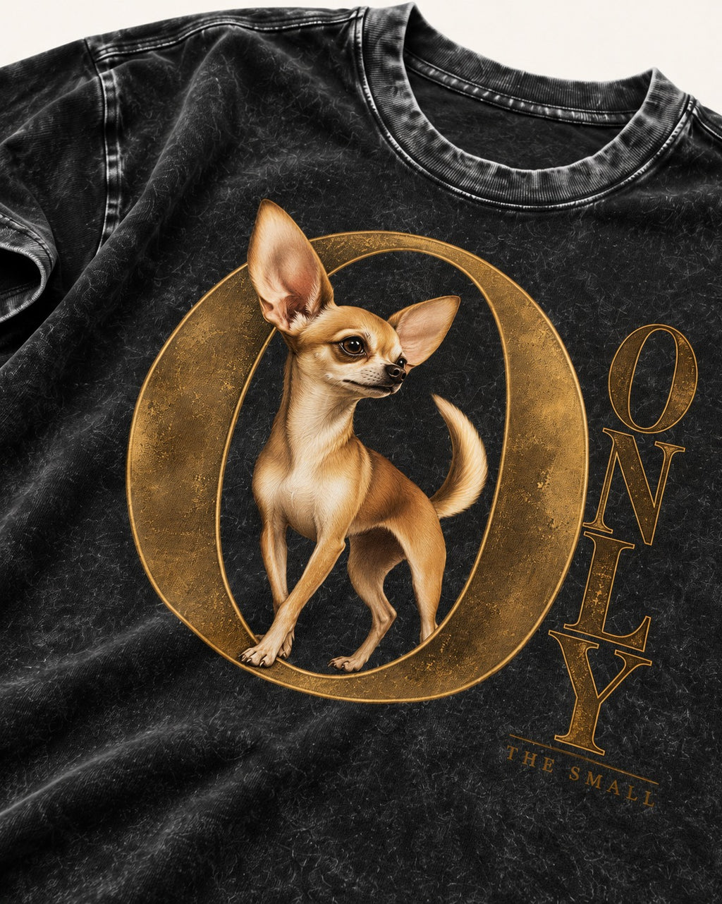 Chihuahua Only the Small Washed Tee in Black, close-up of the graphic