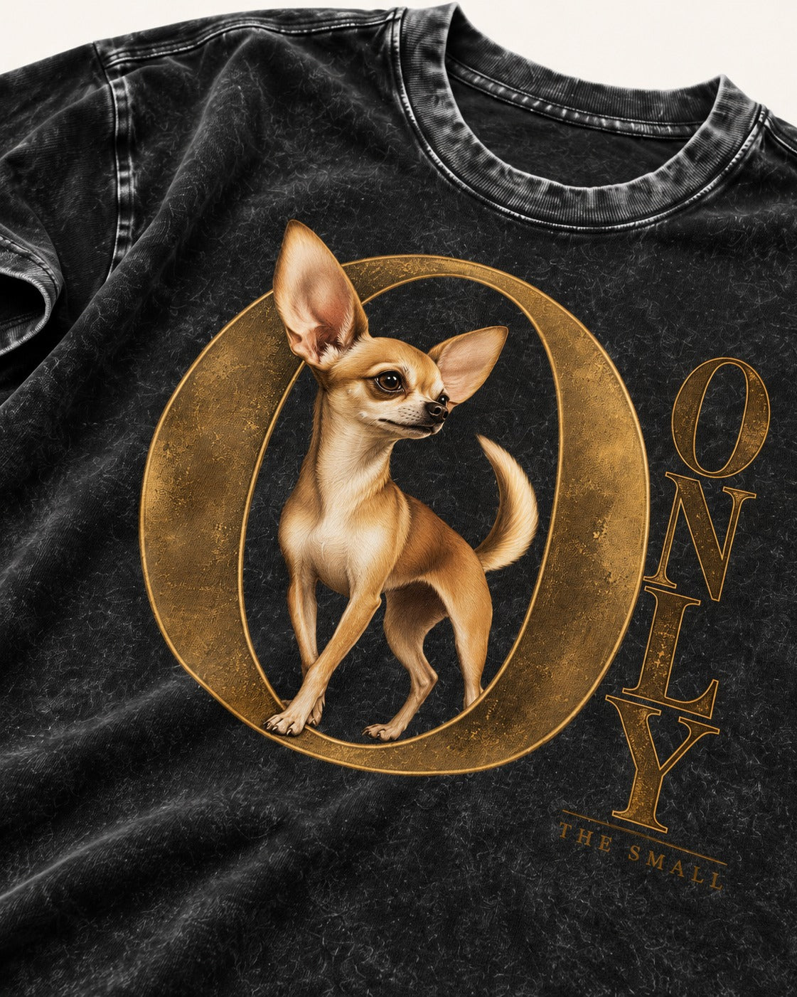 Chihuahua Only the Small Washed Tee in Black, close-up of the graphic