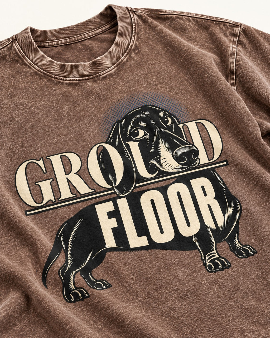 Ground Floor Dachshund Washed Tee in Coffee, close-up of the graphic