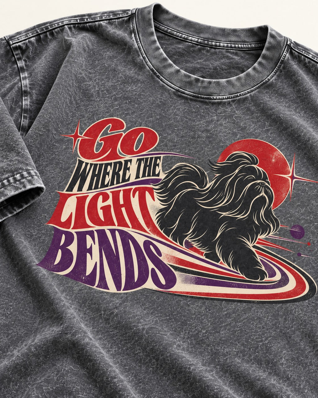 Shih Tzu Go Where the Light Bends Cosmic Orbit Graphic Washed Tee in Gray, close-up of the graphic