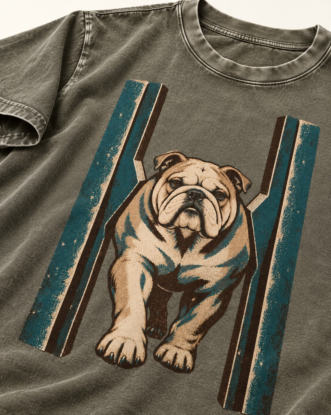 English Bulldog Walking Through Teal Gate Graphic Washed Tee in Army Green, close-up of the graphic