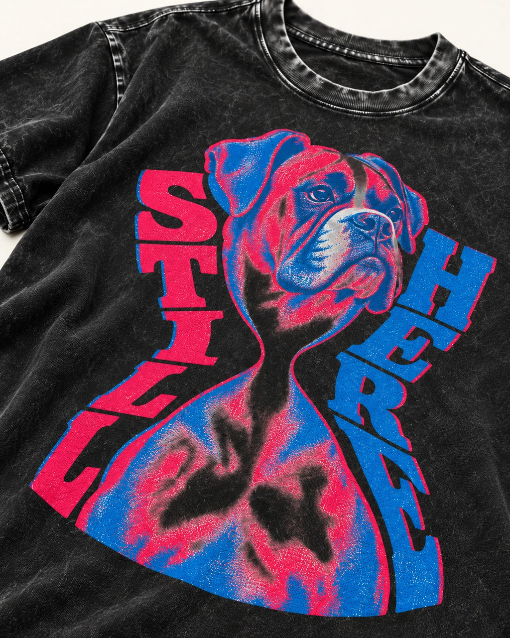 Stay Here Boxer Duotone Portrait Washed Tee in Black, close-up of the graphic