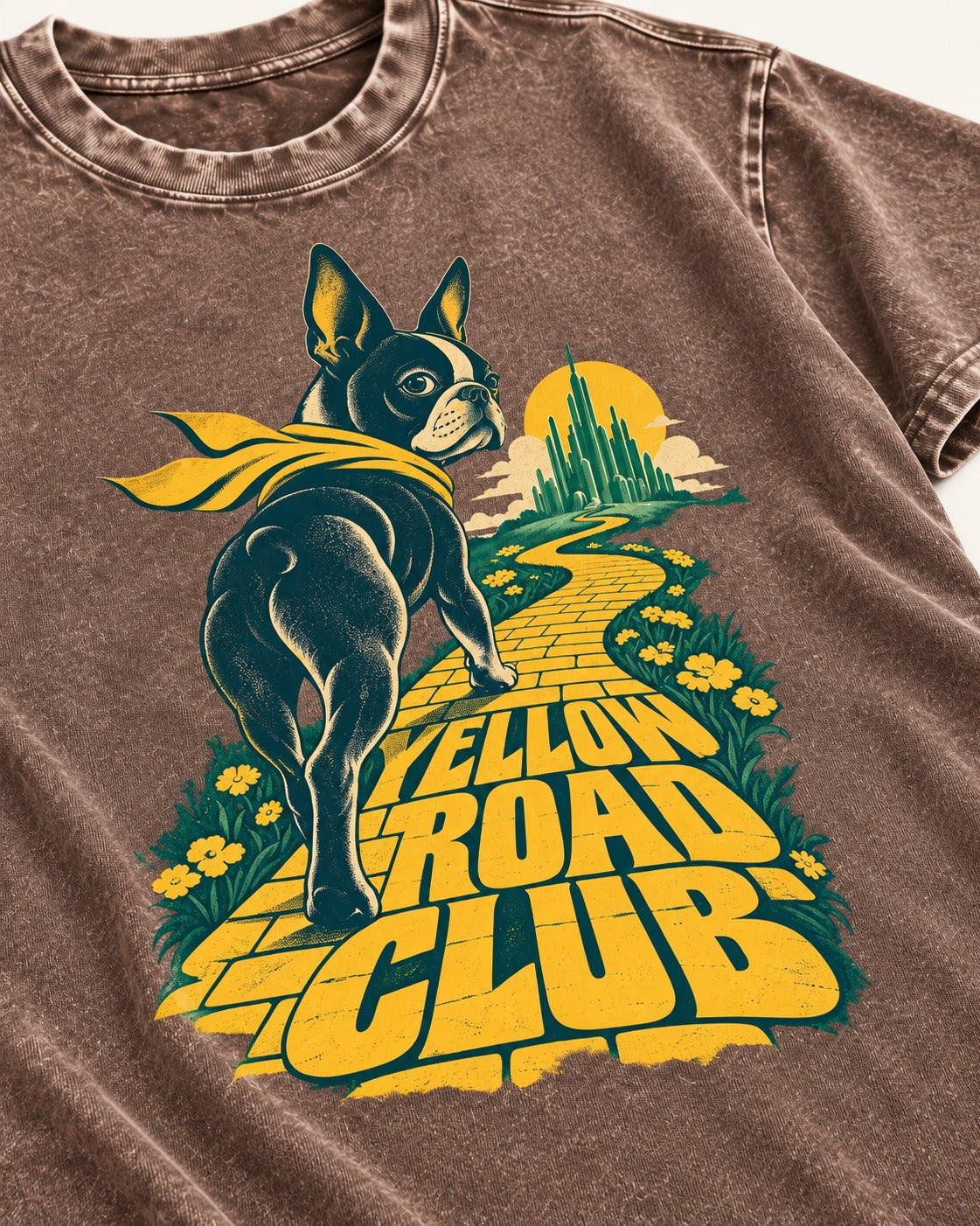 Boston Terrier Yellow Road Club Washed Tee in Coffee, close-up of the graphic