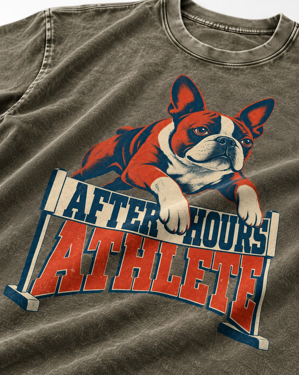 After Hours Athlete Boston Terrier Washed Tee in Army Green, close-up of the graphic