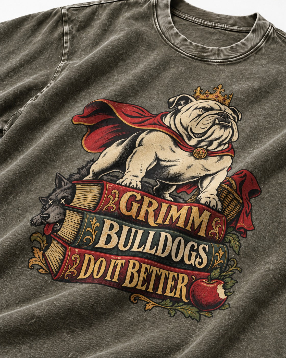 English Bulldog Grimm Bulldogs Do It Better Storybook Graphic Washed Tee in Army Green, close-up of the graphic