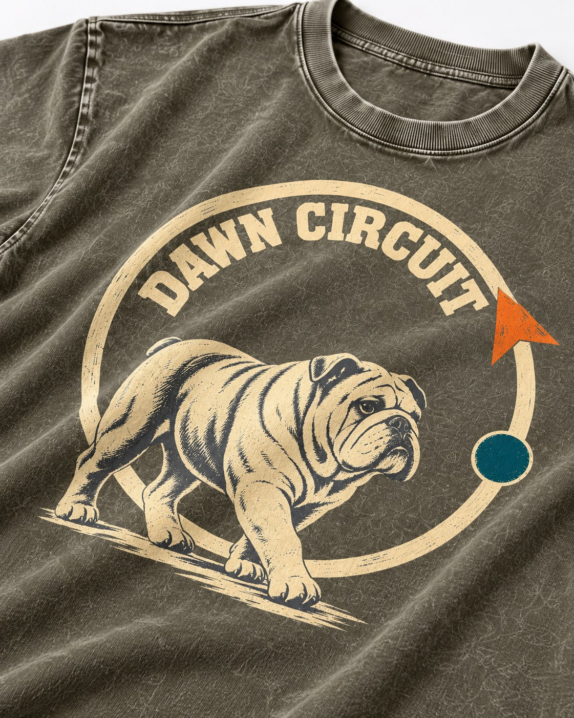 English Bulldog Dawn Circuit Emblem Washed Tee in Army Green, close-up of the graphic