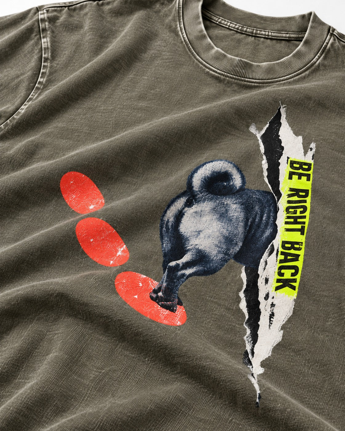 Pug Be Right Back Torn Portal Graphic Washed Tee in Army Green, close-up of the graphic