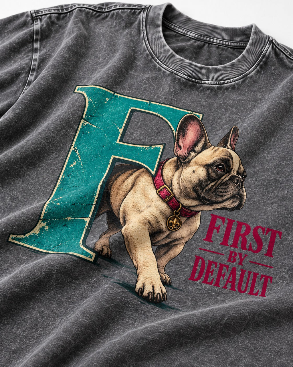 Frenchie First by Default Teal F Graphic Washed Tee in Gray, close-up of the graphic
