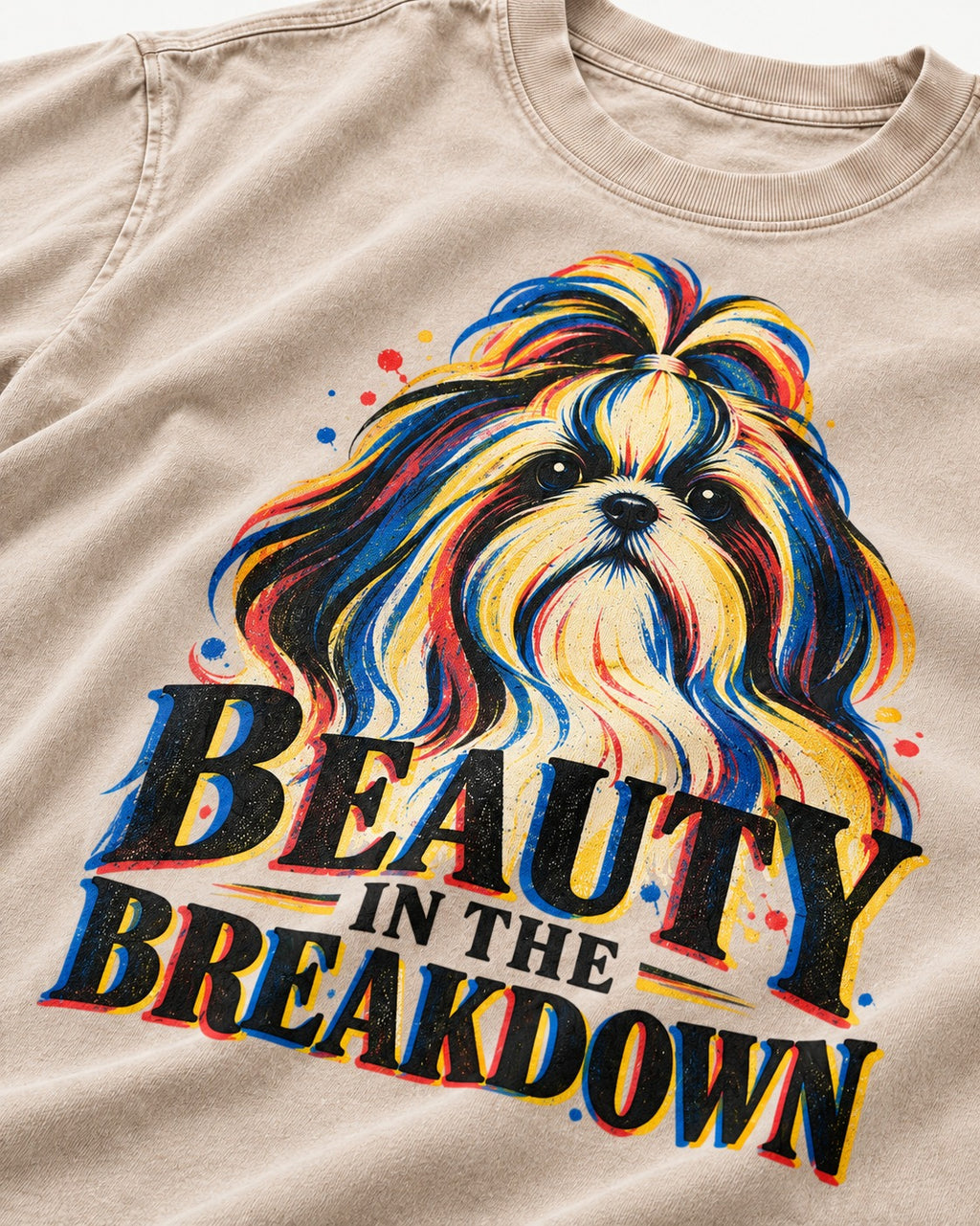 Shih Tzu Beauty in the Breakdown Washed Tee in Apricot, close-up of the graphic