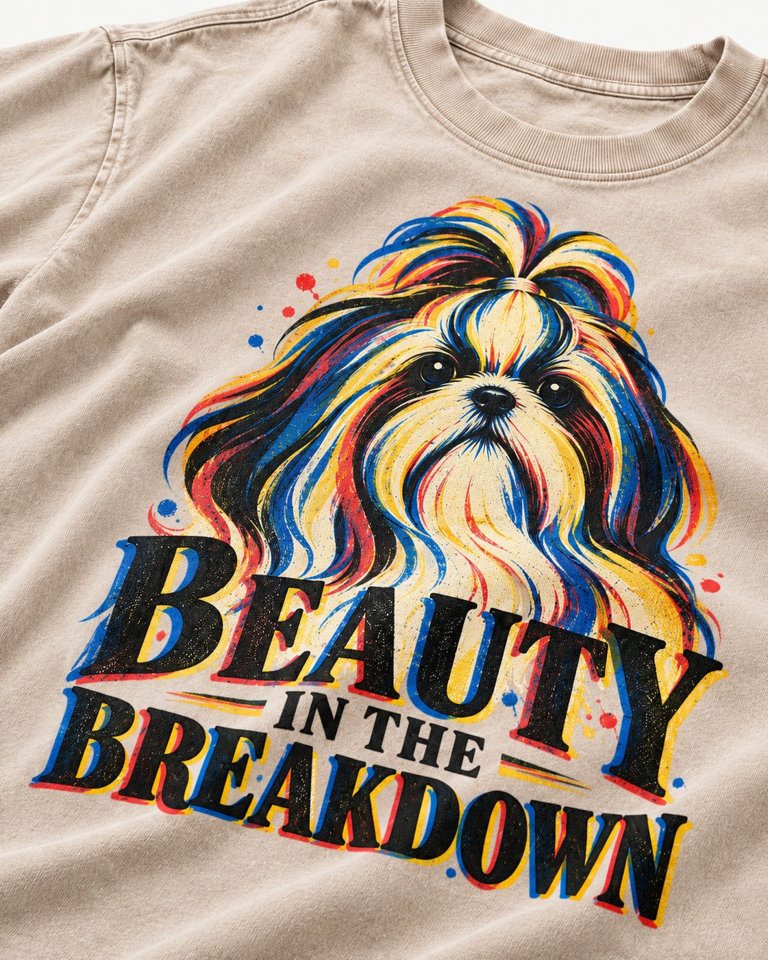 Shih Tzu Beauty in the Breakdown Washed Tee in Apricot, close-up of the graphic