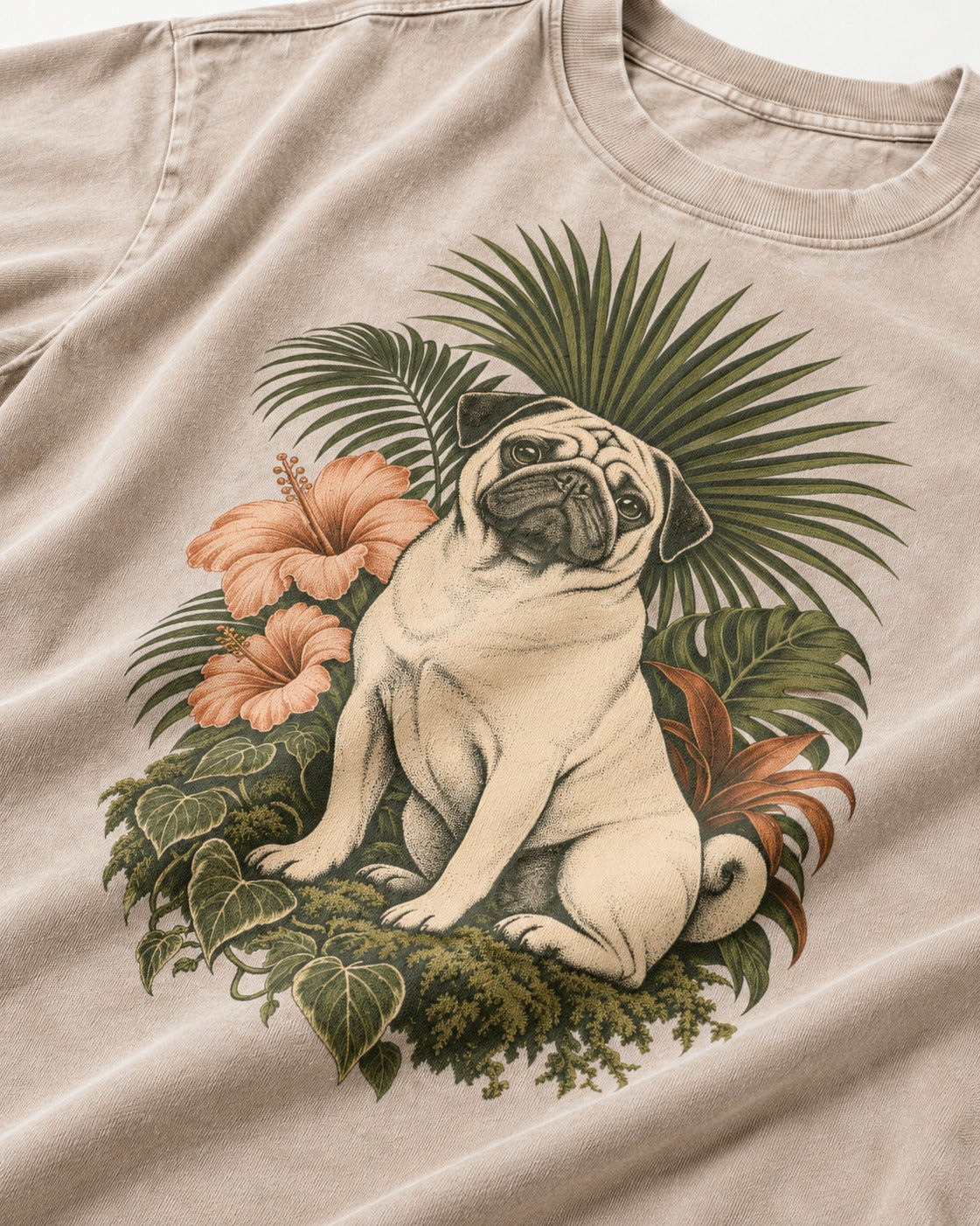 Pug Paradise Washed Tee in Apricot, close-up of the graphic