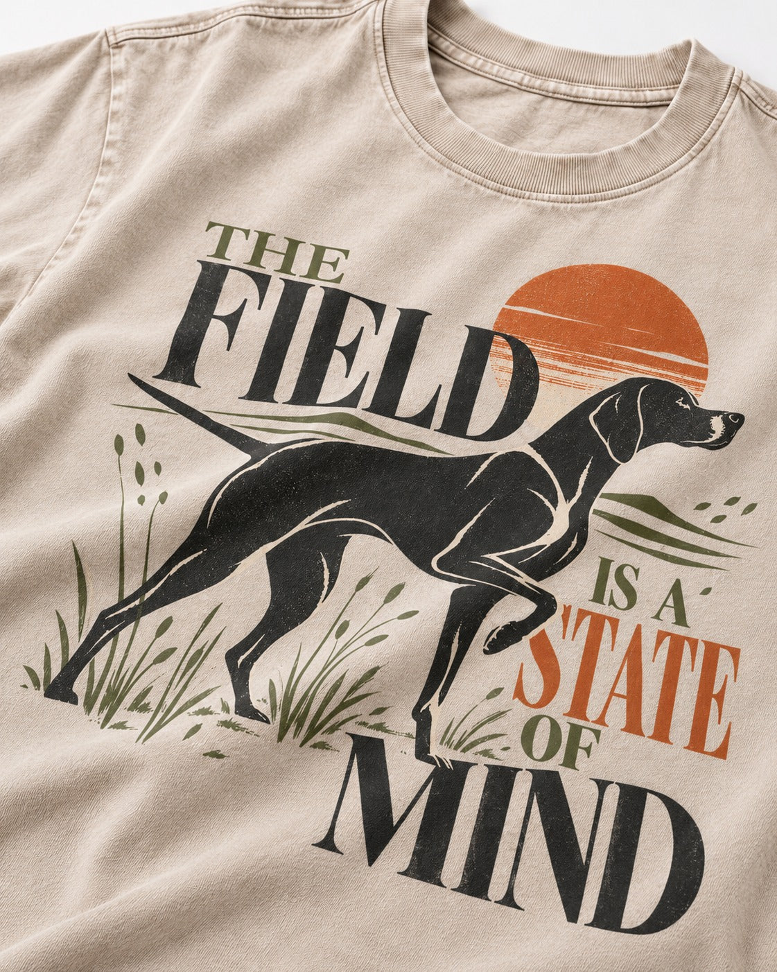 German Shorthaired Pointer Field State of Mind Washed Tee in Apricot, close-up of the graphic
