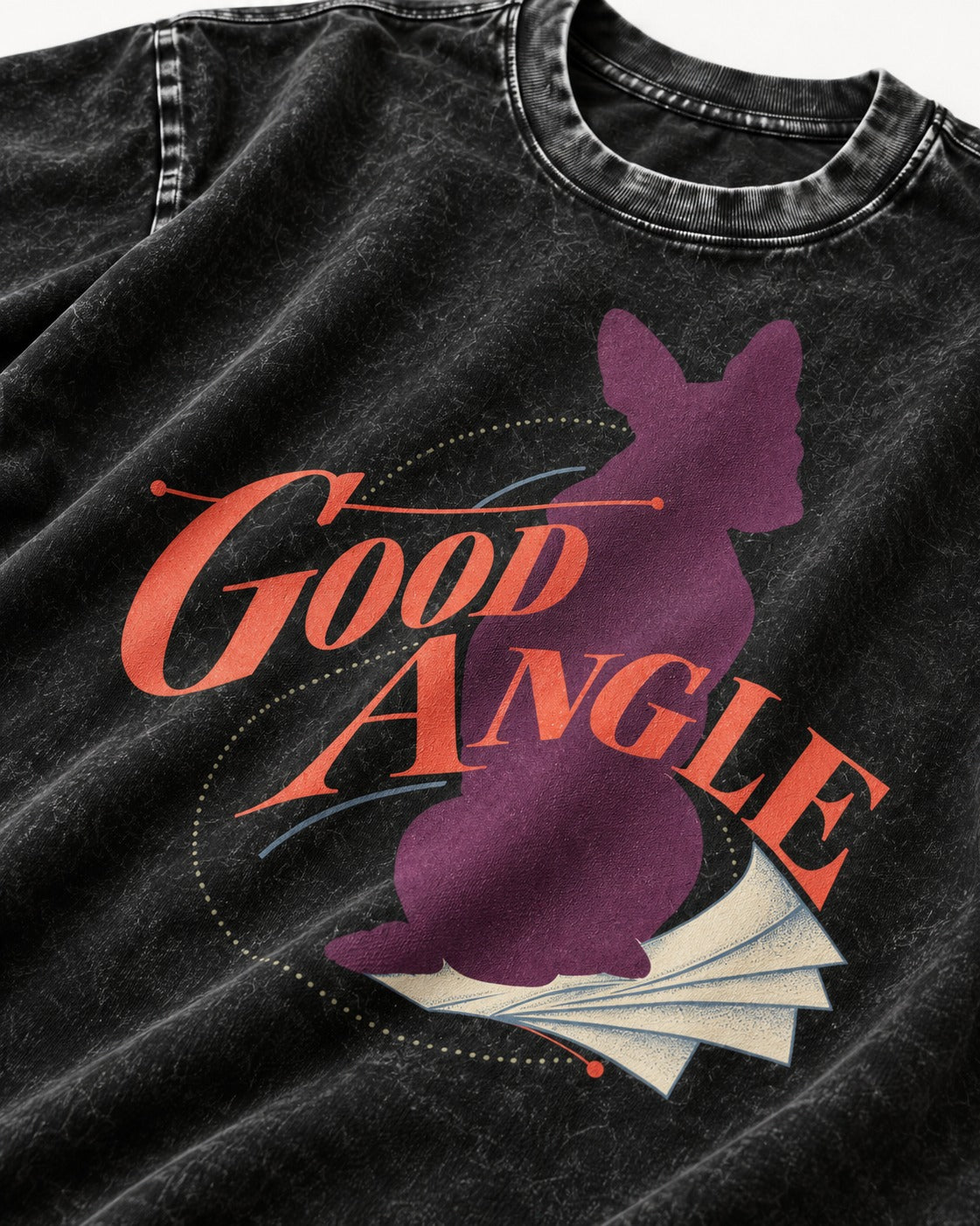 Good Angle Boston Terrier Paper Graphic Washed Tee in Black, close-up of the graphic