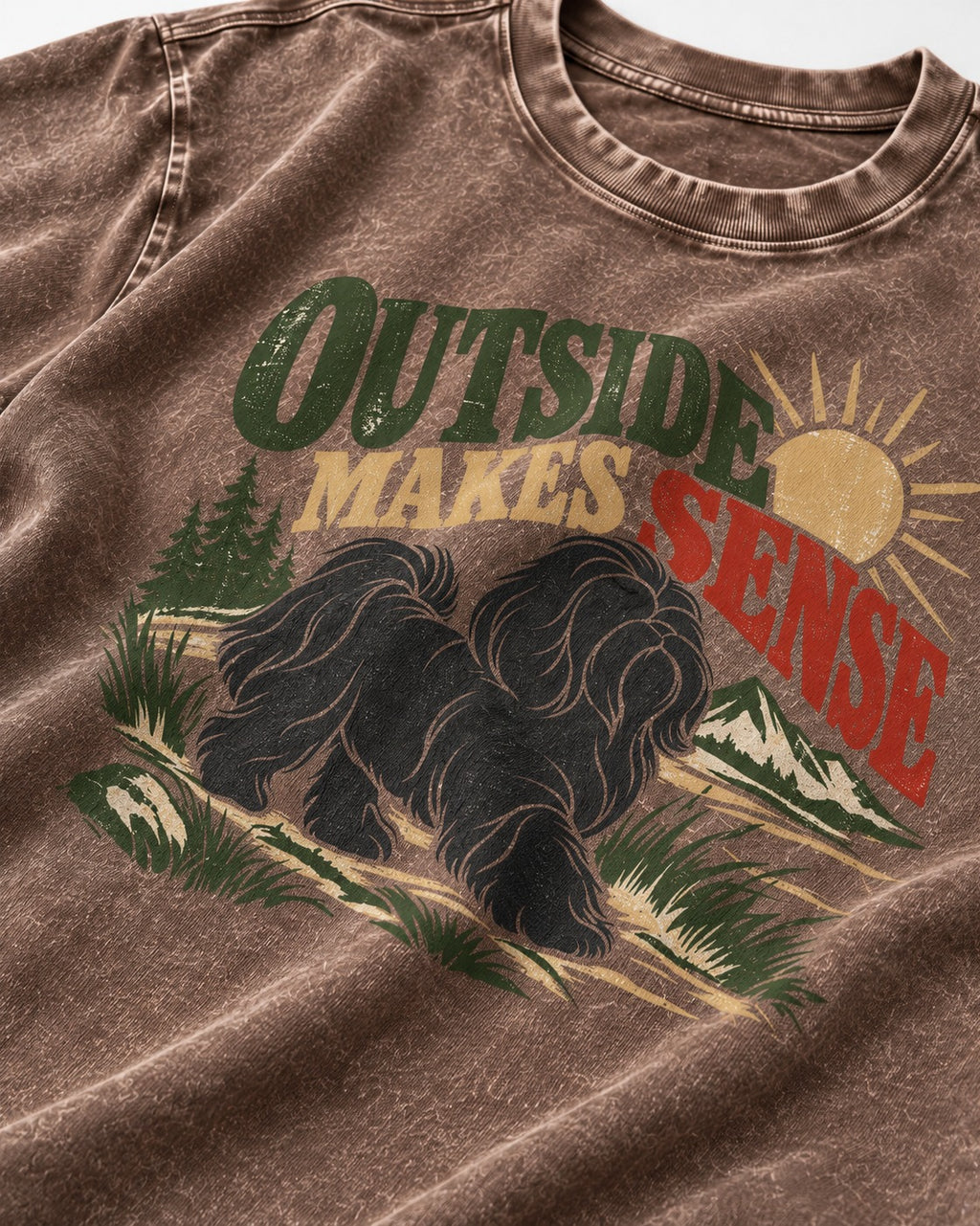 Shih Tzu Outside Makes Sense Mountain Trail Graphic Washed Tee in Coffee, close-up of the graphic