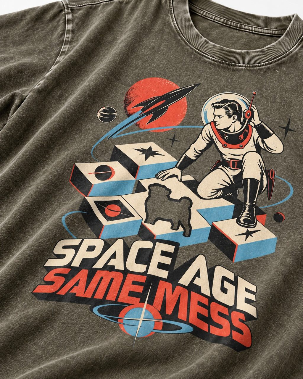 Pug Space Age Same Mess Astronaut Graphic Washed Tee in Army Green, close-up of the graphic