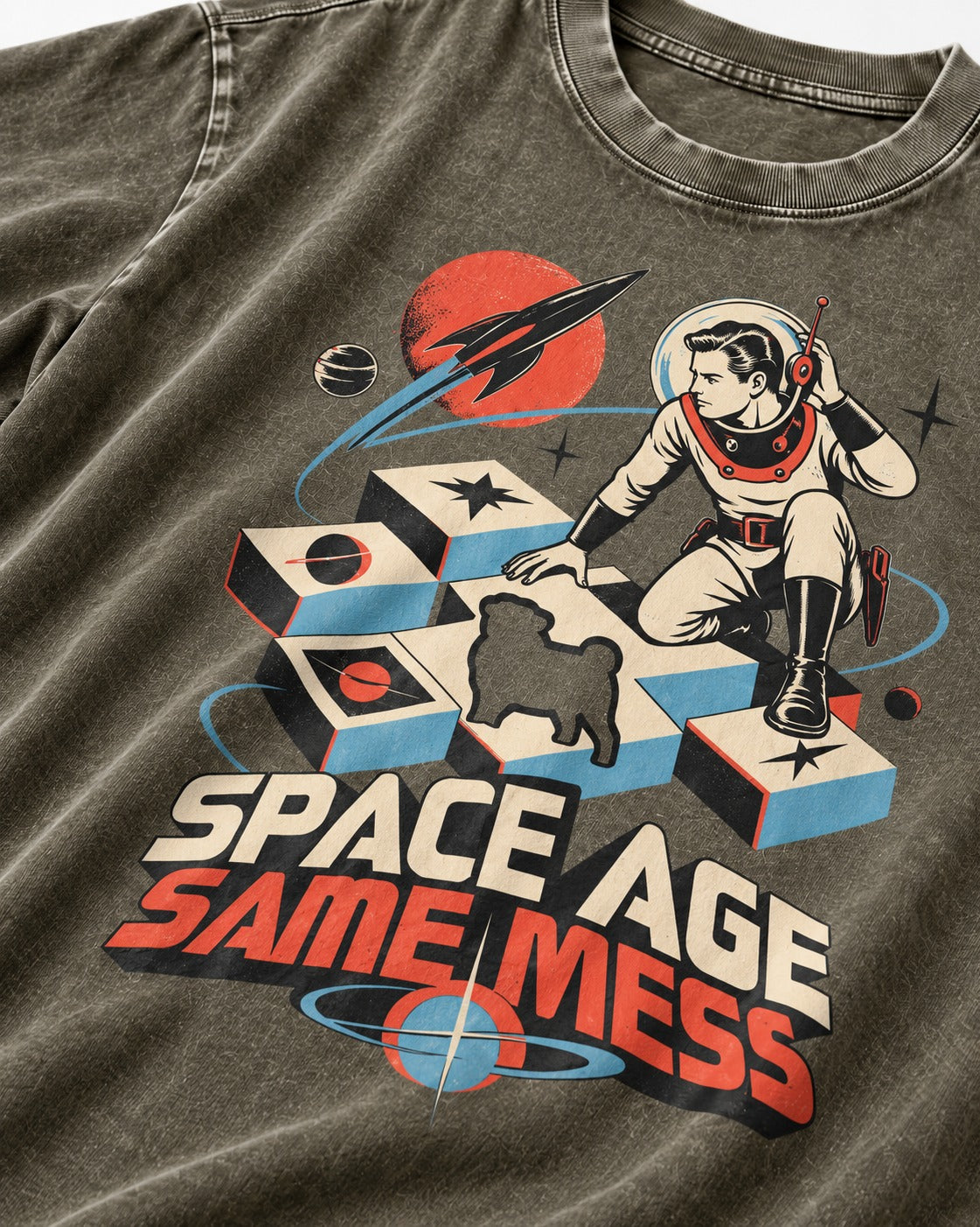 Pug Space Age Same Mess Astronaut Graphic Washed Tee in Army Green, close-up of the graphic